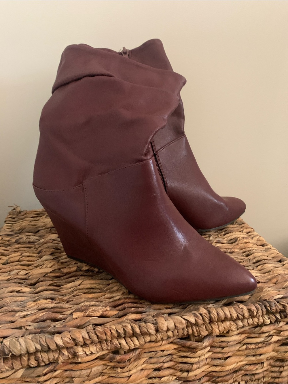 new directions Burgundy Pointed-Toe Wedge Ankle Boots